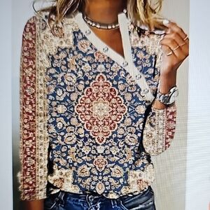 New Women's Mandala Floral  Paisley Print Long Sleeve Top XL